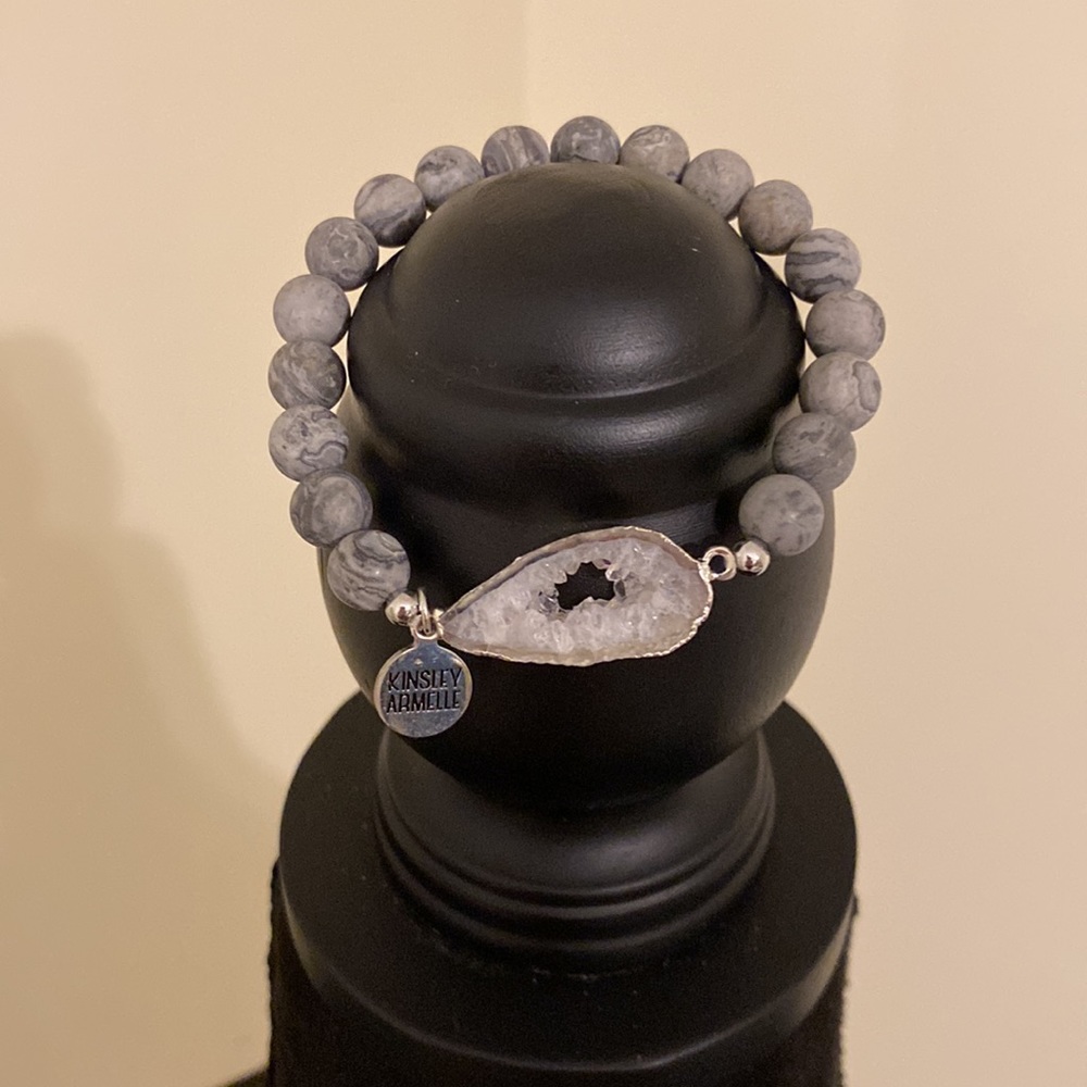 Kinsley Armelle SILVER DUSK BRACELET Milky Quartz and Agate Silver Bracelet.
